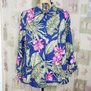 Blue Hawaiian floral print linen 3/4 sleeve blazer